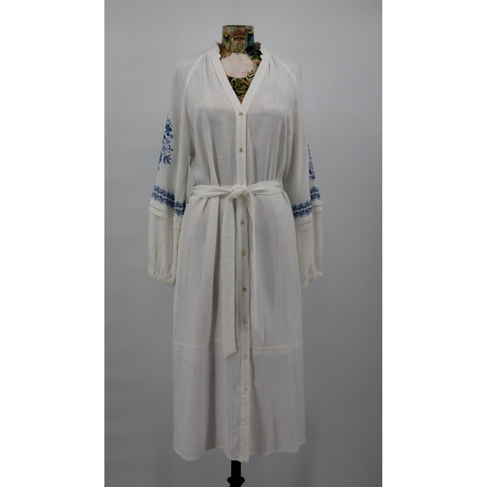 FRNCH Paris XS Dress Linen Bl White Blue Embroider Boho Bohochic Hippie Pockets